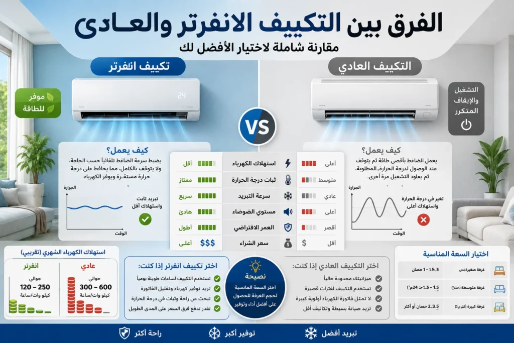 الفرق بين التكييف الانفرتر والعادي واستهلاك الكهرباء