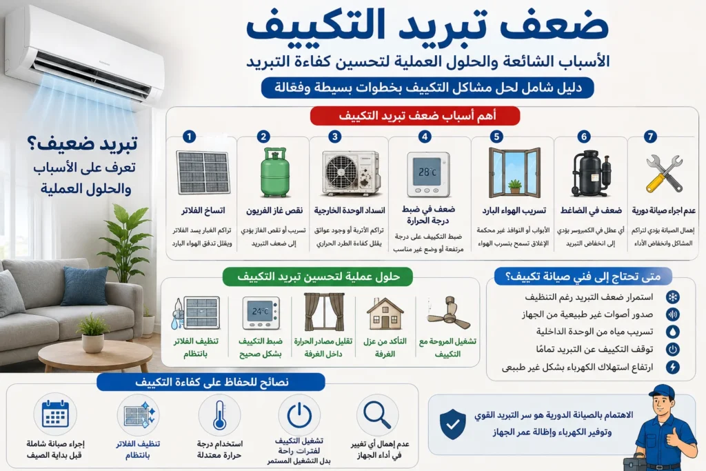 ضعف تبريد التكييف – الأسباب والحلول العملية