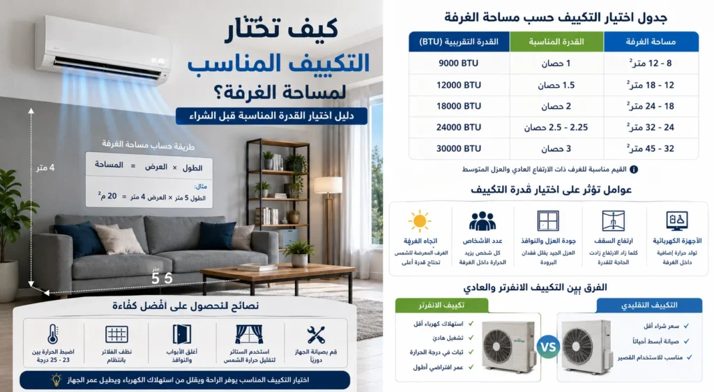 كيفية اختيار التكييف المناسب حسب مساحة الغرفة وقدرة التبريد