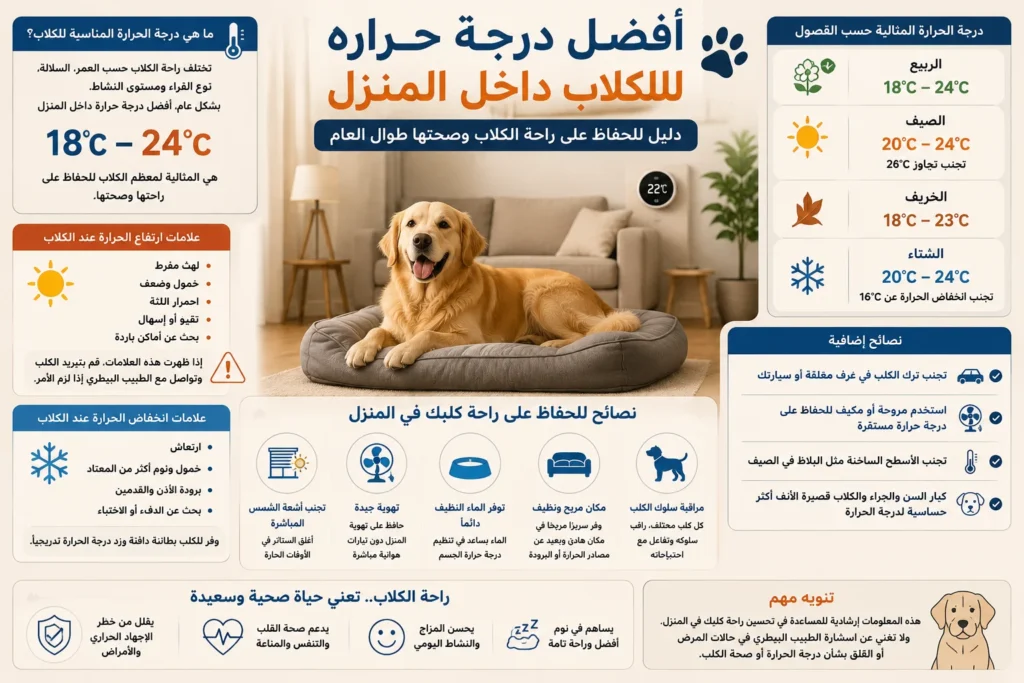 فضل درجة حرارة للكلاب داخل المنزل، مع إرشادات للحفاظ على راحة الكلاب في مختلف الفصول، وعلامات الإجهاد الحراري أو البرودة، ونصائح لتوفير بيئة آمنة ومريحة للحيوانات الأليفة