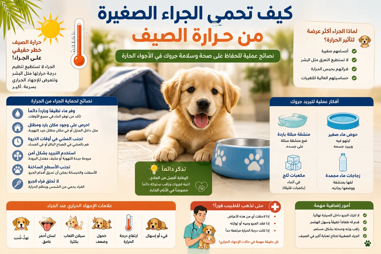 كيفية حماية الجراء الصغيرة من حرارة الصيف، مع نصائح عملية للحفاظ على ترطيبها، وتوفير الظل والمياه الباردة، وتجنب المشي في أوقات الذروة