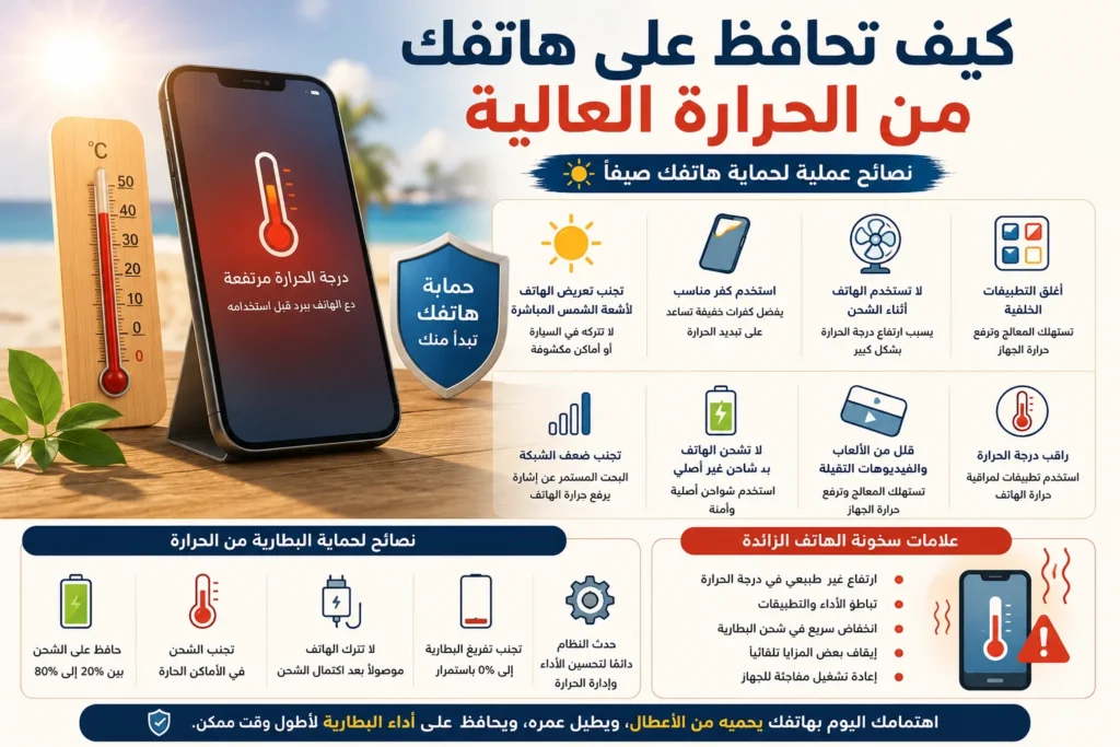 هاتف ذكي تحت أشعة الشمس مع مقياس حرارة يوضح نصائح لحماية الهاتف والبطارية من الحرارة العالية