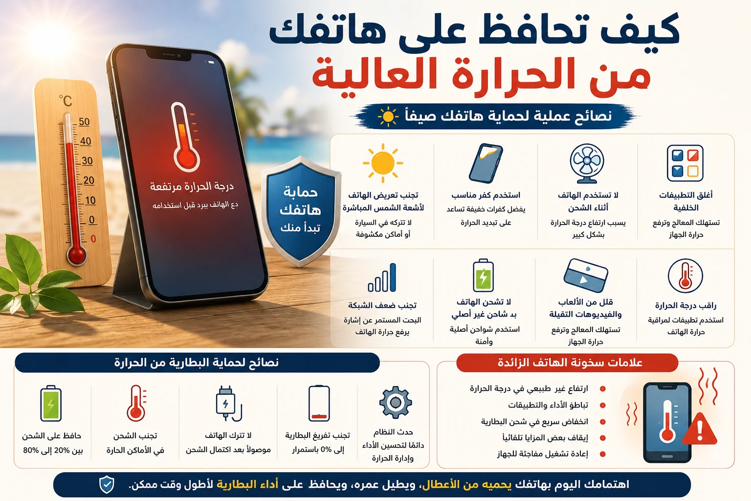هاتف ذكي تحت أشعة الشمس مع مقياس حرارة يوضح نصائح لحماية الهاتف والبطارية من الحرارة العالية