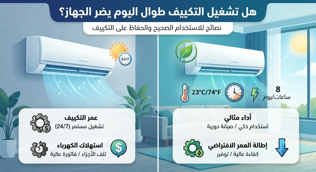هل تشغيل التكييف طوال اليوم يضر الجهاز؟